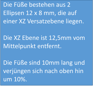 Die Füße bestehen aus 2 Ellipsen 12 x 8 mm, die auf einer XZ Versatzebene liegen.  Die XZ Ebene ist 12,5mm vom Mittelpunkt entfernt.  Die Füße sind 10mm lang und verjüngen sich nach oben hin um 10%.